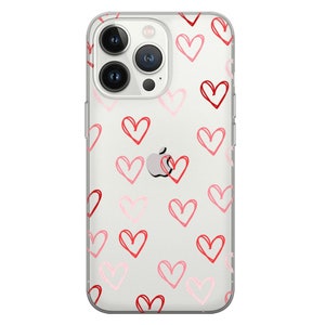May include: Clear phone case with a pattern of red and pink hearts. The case is designed for an iPhone and features the Apple logo. The hearts are drawn with a sketchy, hand-drawn style.