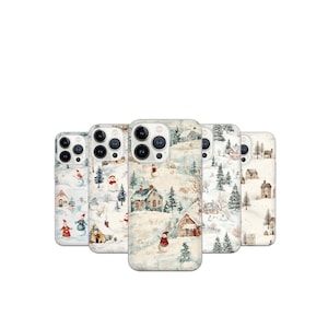 May include: A collection of phone cases with a winter village design. Each case features a snowy landscape with houses, trees, and snowmen in a watercolor style. The cases are in various sizes and have camera cutouts.