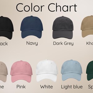 Puede incluir: Carta de colores que muestra 10 colores diferentes de gorras de b&eacute;isbol. Los colores son: negro, azul marino, gris oscuro, caqui, piedra, rosa, blanco, azul claro y abeto.