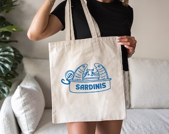 Funny Sardines Tote Bag, Sardinis Tinned Fish Tote Bag, Canvas Tote Bag, Fisherman Gift, Funny Gift for Her, Coastal Aesthetic