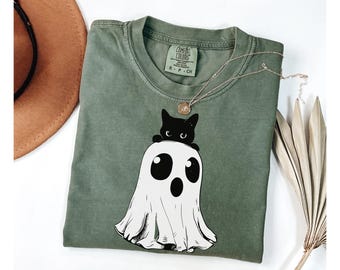 Ghost Cat Halloween Shirt, black cat shirt, gift for cat lover, halloween cat shirt, spooky cat shirt, cat ghost shirt, Comfort Colors fall