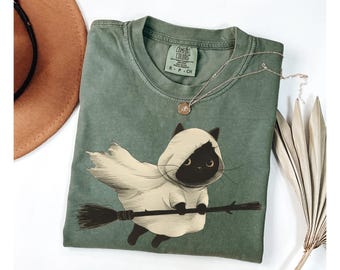 Cat ghost shirt broomstick Halloween cat shirt, Comfort Colors, black cat shirt, spooky cat shirt, gift for cat lover, Halloween graphic tee