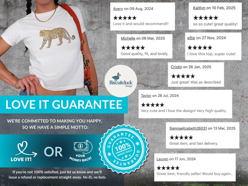 K&ouml;nnte beinhalten: Wei&szlig;es T-Shirt mit goldenem Leopardenmuster. Das Shirt ist im Cropped-Stil und hat kurze &Auml;rmel. Das Bild enth&auml;lt auch eine Garantieerkl&auml;rung: "Love It Guarantee. We're committed to making you happy, so we have a simple motto: Love It! Or Your Money Back!"
