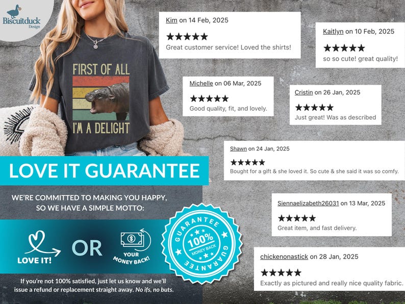 Pu&ograve; includere: Una maglietta grigia scura con una grafica vintage di un ippopotamo e il testo "First of all, I'm a delight". La maglietta &egrave; indossata da un modello. L'immagine include anche una dichiarazione di garanzia: "Love it Guarantee. We're committed to making you happy, so we have a simple motto: Love it! Or your money back!"