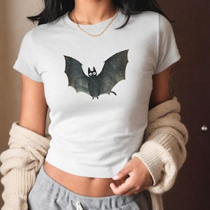 Bat baby tee, halloween bat shirt, y2k baby tee, 90s baby tee, Pinterest aesthetic clothing, aesthetic baby tee, halloween party tee