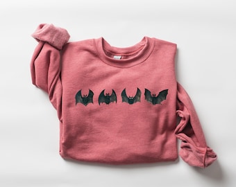 Sudadera de Halloween con murciélagos, cuello redondo de otoño, camiseta con estampado de murciélagos, sudadera acogedora de otoño: suéter de Halloween de otoño, sudadera de murciélago