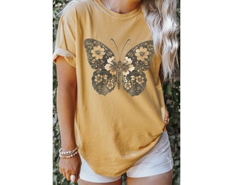 Vintage Floral Butterfly shirt, cottagecore fairycore tshirt, comfort colors oversized tee, boho graphic tee, aesthetic butterfly lover gift