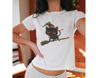 Halloween black cat witch baby tee, halloween cat shirt, y2k baby tee, 90s baby tee, black cat shirt, 90s tshirt, aesthetic baby tee