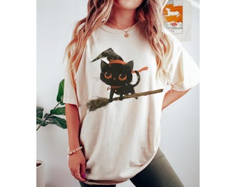 Black cat witch shirt, Halloween cat shirt, Comfort Colors spooky cat shirt, gift for cat lover shirt, halloween shirt, black cat shirt