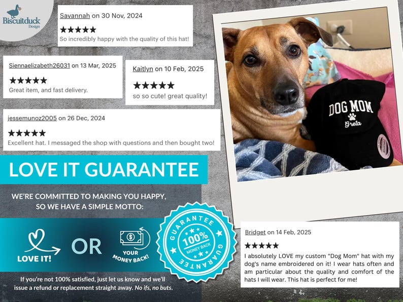 Puede incluir: Una gorra de b&eacute;isbol negra con bordado blanco que dice "Dog Mom" y una huella de pata con el nombre "Grela" debajo. La gorra est&aacute; sobre una manta marr&oacute;n y blanca con la cabeza de un perro visible en el fondo. La imagen incluye rese&ntilde;as de clientes con calificaciones de cinco estrellas y texto que dice "Love It Guarantee" y "We're committed to making you happy, so we have a simple motto: Love It! Or Your Money Back!"