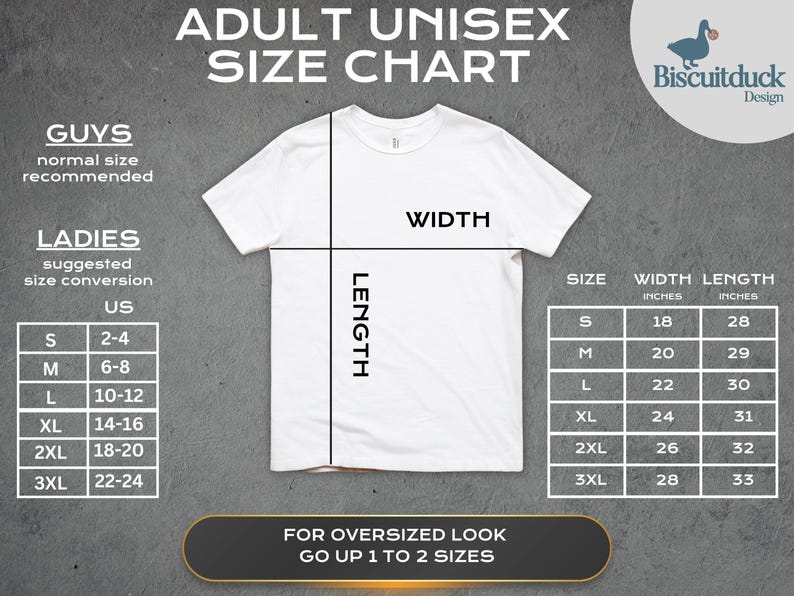 May include: Unisex adult t-shirt size chart with measurements in inches. The chart shows the width and length of the shirt in inches for sizes S, M, L, XL, 2XL, and 3XL. The chart also includes a suggested size conversion for ladies.