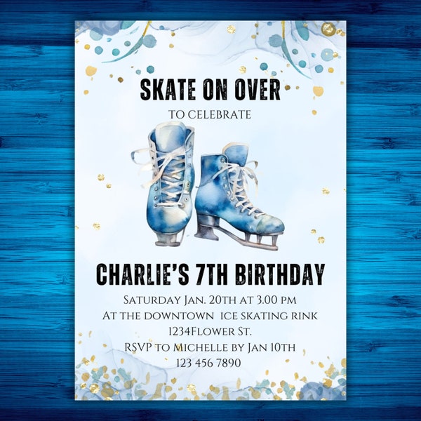 Ice-Skating Birthday Party Invitation, Girls Blue Gold Winter Party, Canva Editable Digital Invitation Template, Printable Downloadable