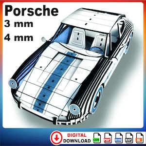 laser cutting, 3d puzzle porsche wooden car, model porsche wooden cnc laser file, dxf file for laser, Digital File, model car, DXF, CDR, SVG