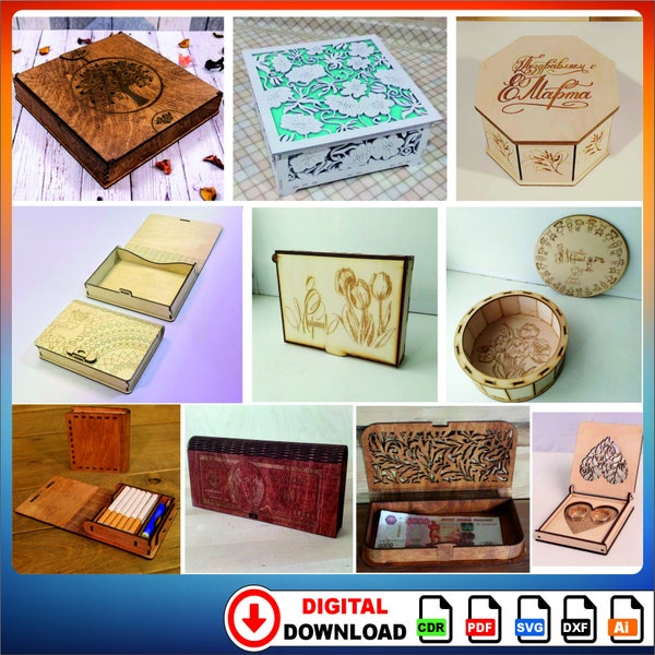10pcs Laser Cutting Box Storage Container Wooden Box Svg Laser Cutting Boxes Ring Box Box With Lids openclipart