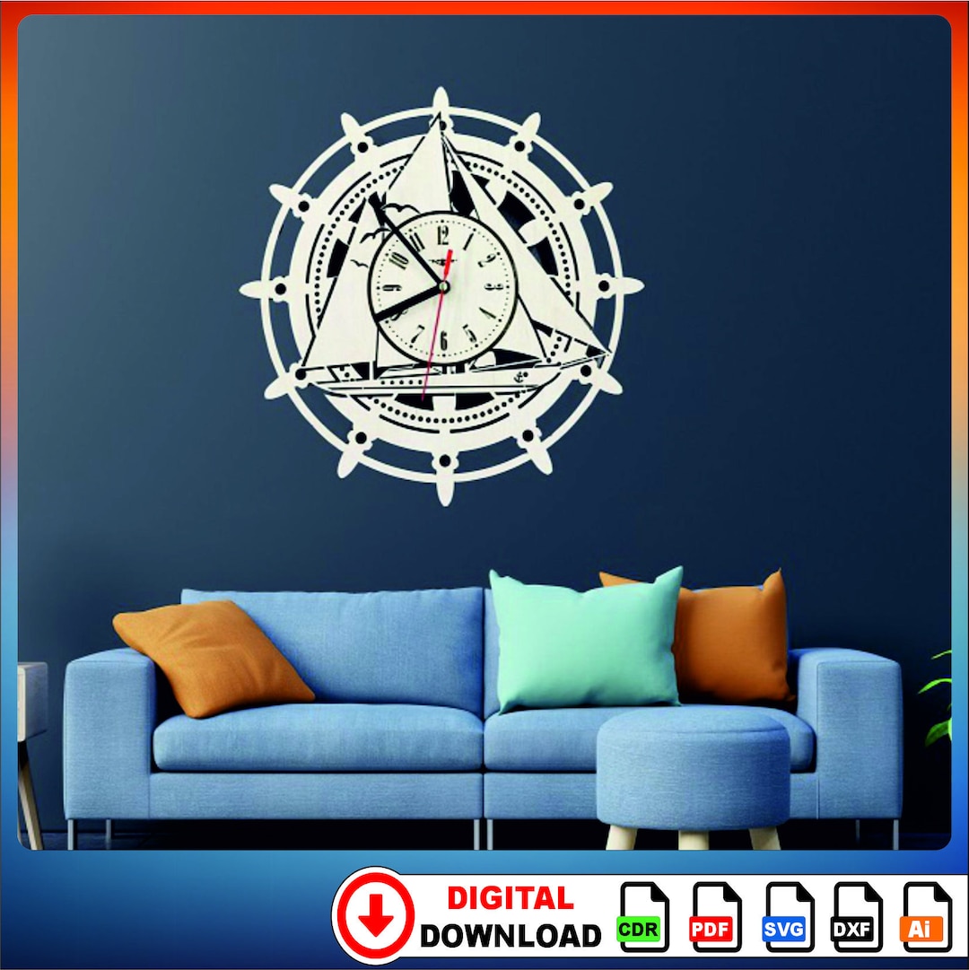 Ship Steering Clock Laser Cutting File Wall Clock SVG, Clock Models ...