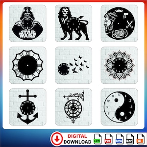Puede incluir: Nueve diseños de relojes diferentes para corte por láser. Los diseños incluyen un reloj con temática de Star Wars, un reloj de león, un reloj de barbería, un reloj con números romanos, un reloj con mariposas, un reloj mandala, un reloj de ancla, un reloj con engranajes y un reloj yin yang.