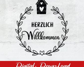 May include: Black and white digital download design featuring a house with hearts and a wreath with the text "Herzlich Willkommen".