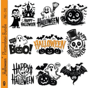 Puede incluir: Un conjunto de nueve archivos de corte SVG de temática de Halloween en blanco y negro. Los diseños incluyen un fantasma, un vampiro, una calabaza, una calavera y un castillo. También se incluye el texto "Happy Halloween" y "Boo!"