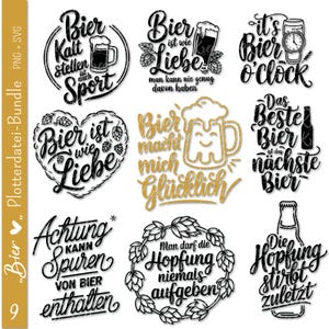 Könnte beinhalten: Ein Set aus zehn digitalen Schnittdateien in Schwarz und Gold mit Bier-Motiven und Sprüchen. Die Sprüche beinhalten "Bier ist wie Liebe", "Bier macht mich glücklich", "Das Beste Bier ist das nächste Bier" und "Man darf die Hoffnung niemals aufgeben".