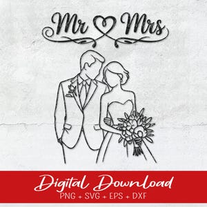 Può includere: Un disegno a tratto nero e bianco di una sposa e uno sposo con le parole "Mr & Mrs" sopra. La sposa tiene in mano un bouquet. Le parole "Digital Download" sono in uno striscione rosso in basso.
