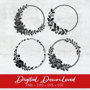 May include: Four black floral wreath designs on a white background. Each wreath is a circle with different floral and leaf arrangements. The bottom of the image has the text "Digital Download" and file type options.