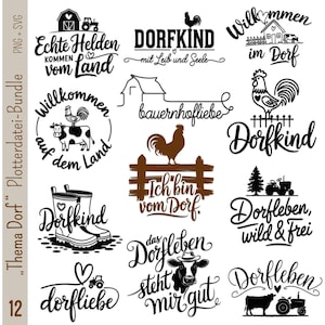 Könnte beinhalten: Ein Set mit 12 schwarzen und weißen SVG-Schnittdateien mit verschiedenen Designs zum Thema Landleben. Die Designs beinhalten Texte wie "Dorfkind", "Dorfleben", "Echte Helden" und "Ich bin vom Dorf".