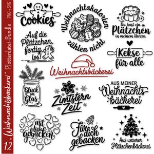 以下が含まれることがあります： クリスマスベーキングをテーマにした白黒のSVGカットファイル12個セット。デザインには、「Cookies」、「Weihnachtskalorien」、「Glück im Glas」、「Zimtstern Zeit」、「mit Liebe gebacken」、「Für dich gebacken」などのフレーズが含まれています。