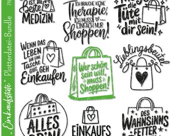 Puede incluir: Ilustraciones digitales en negro y verde de bolsas de la compra con diferentes lemas sobre las compras. Los lemas incluyen "Einkaufen ist die beste Medizin", "Ich brauche keine Therapie, ich muss einfach nur Shoppen!" y "Möge die Tüte mit dir sein!"