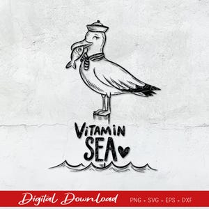 Gabbiano "Vitamin Sea" - File plotter marittimo, SVG,DXF, PNG, amore per il mare, mare, vacanza, estate, pesce