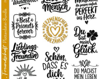 Può includere: Un set di 10 file SVG stampabili in nero e oro con varie frasi tedesche sull'amicizia e l'amore. Le frasi includono "Du bist Wundervoll", "Lieblings-Mensch", "Best Friends Forever", "Lieblings Freundin", "Schön dass es dich gibt", "Es gibt Menschen, die passen einfach PERFEKT ins Herz", "Du bist mein Glück", "Du machst mein Leben schöner", e "Hallo Sonnenschein!!!".