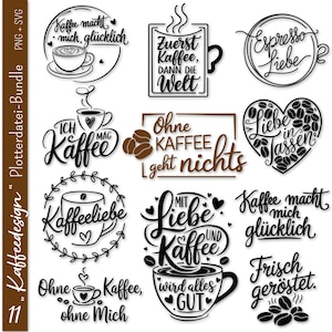 Könnte beinhalten: Eine Sammlung von schwarz-weißen Designs zum Thema Kaffee mit verschiedenen Textelementen. Designs umfassen Kaffeetassen, Kaffeebohnen und Sätze wie "Espresso Liebe" und "Kaffee macht mich glücklich."