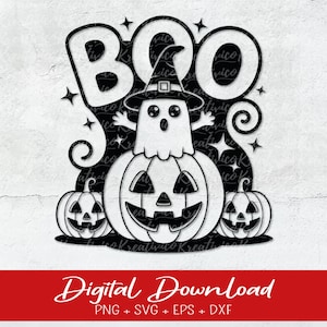May include: Black and white Halloween-themed graphic with the word "BOO" above a ghost wearing a witch hat, a carved pumpkin, and two smaller pumpkins. The words "Digital Download" are at the bottom.