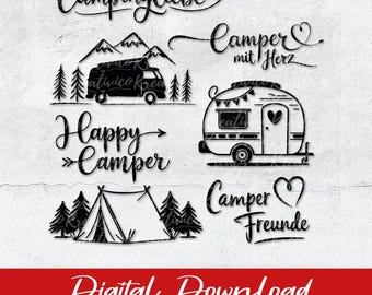 Camping Bundle SVG, Camper with Heart, Happy Camper, Caravan SVG, File for Plotter, Heart Camper png, Campervan Clipart, Caravan DIY