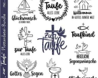 Könnte beinhalten: Ein Set mit 10 schwarzen und weißen digitalen Schnittdateien für eine Taufe oder Tauffeier. Die Designs beinhalten ein Kreuz, eine Taube, einen Fisch, eine Kirche und die Worte "Zur Taufe". Die Designs sind perfekt zum Erstellen von Einladungen, Karten, Dekorationen und anderen Bastelarbeiten.