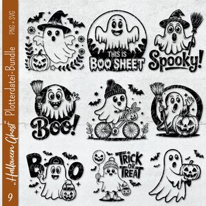 Könnte beinhalten: Ein schwarz-weißes Halloween-Geister-Design-Bundle. Die Designs zeigen Geister mit Hexenhüten, die Besen halten und Kürbisse tragen. Einige Designs enthalten die Texte "Boo Sheet", "Spooky!", "Boo!" und "Trick or Treat".
