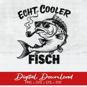 以下が含まれることがあります： サングラスをかけ、パイプをくわえた魚の白黒イラスト。魚の上に「ECHT COOLER FISCH」という文字が書かれている。