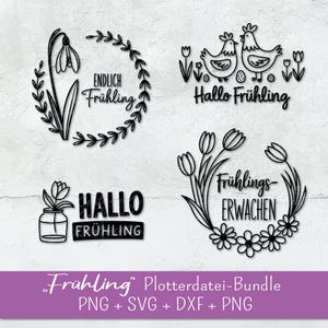 Puede incluir: Un conjunto de cinco archivos de corte SVG de temática primaveral en blanco y negro. Los diseños incluyen una corona con el texto "Endlich Frühling", una corona con el texto "Frühlings-Erwachen", una corona con el texto "Hallo Frühling", una flor con el texto "Hallo Frühling" y una flor con el texto "Endlich Frühling".