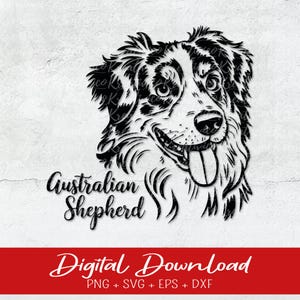 Op de afbeelding: Zwart-witte lijntekening van een Australian Shepherd met zijn tong naar buiten. De hond kijkt naar rechts. De tekst "Australian Shepherd" staat onder de hond.