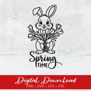 Könnte beinhalten: Schwarz-weiße Illustration eines Hasen, der einen Tulpenstrauß hält, mit den Worten "Spring Time" in Schreibschrift. Unten steht auf einem roten Banner "Digital Download" mit Dateityp-Optionen.