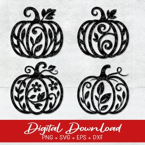 Könnte beinhalten: Vier schwarze Kürbis-Ausschnitte mit aufwendigen Blumen- und Blattmustern. Jeder Kürbis hat ein einzigartiges Muster mit Stielen und Blättern oben. Die Worte "Digital Download" stehen in Weiß auf einem roten Banner unten.