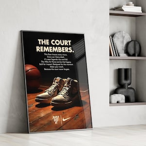 La Corte Recuerda – Póster retro de baloncesto Nike Air Force – Arte mural de zapatillas vintage – Cita motivacional imprimible – Anuncio de Nike "Just Do It"