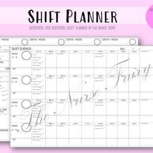May include: A black and white printable shift planner for antenatal and postnatal care. The planner includes sections for mother and baby, with columns for date, time, and notes. The planner is customisable and can be downloaded in PDF or Word format.
