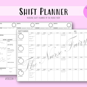 Peut inclure: Un planificateur de quarts de travail infirmiers imprimable en noir et blanc avec le texte "Shift Planner" et "Nursing Shift Planner by The Nurse Fairy". Le planificateur comprend des sections pour les informations sur les patients, les signes vitaux, les médicaments et un horaire quotidien.