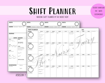 Puede incluir: Un planificador de turnos de enfermería imprimible en blanco y negro con el texto "Shift Planner" y "Nursing Shift Planner by The Nurse Fairy". El planificador incluye secciones para información del paciente, signos vitales, medicamentos y un horario diario.