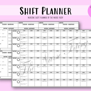 May include: A black and white printable nursing shift planner with the title "Shift Planner" and "Nursing Shift Planner by The Nurse Fairy". The planner has sections for "Situation - Background", "Systems - Assessment", and "Plan".