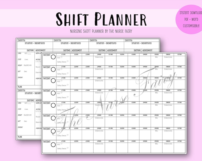 Nurse Shift Planner- Night Shift - Hourly Planner and Patient Report. 2 ...