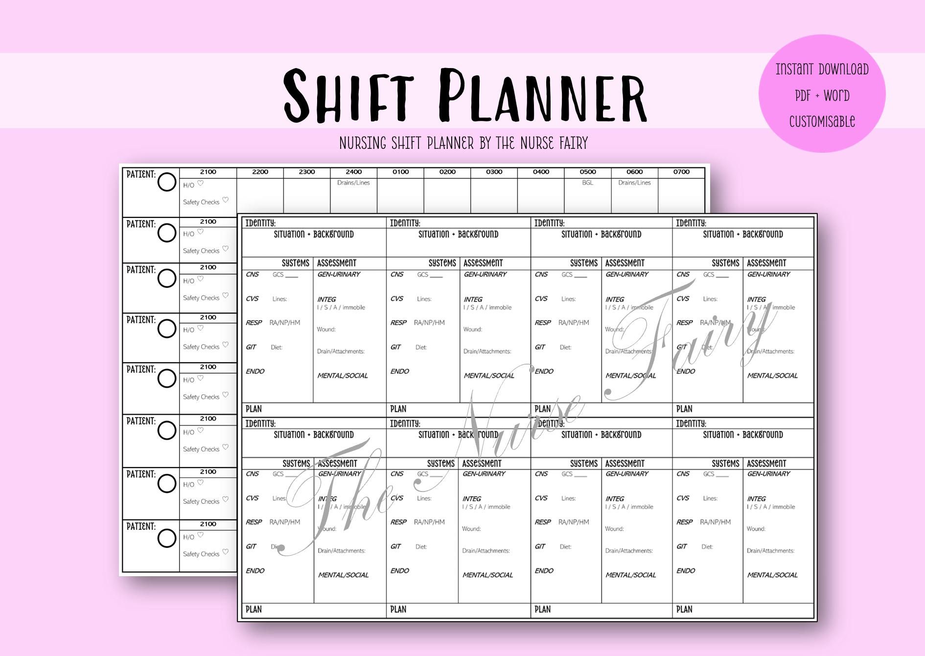 Nurse Shift Planner- Night Shift - Hourly Planner and Patient Report. 2 ...