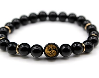 Pulsera de obsidiana del árbol de la vida, pulsera de hombre llena de oro de 14 quilates