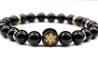 Obsidian Armband Blume des Lebens Gold/Schwarz