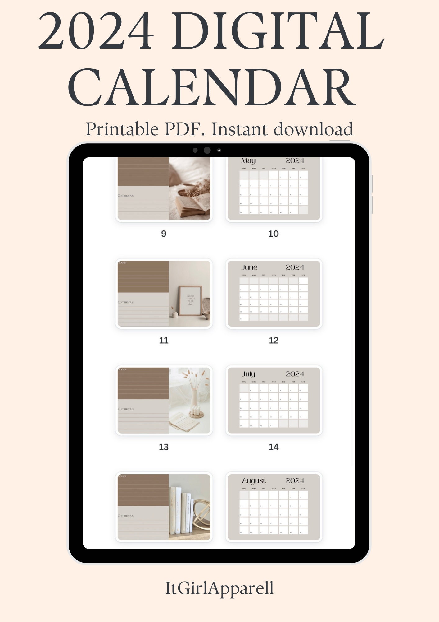 Digital Monthly Calendar, Digital Planner 2024, 2025, Minimalist